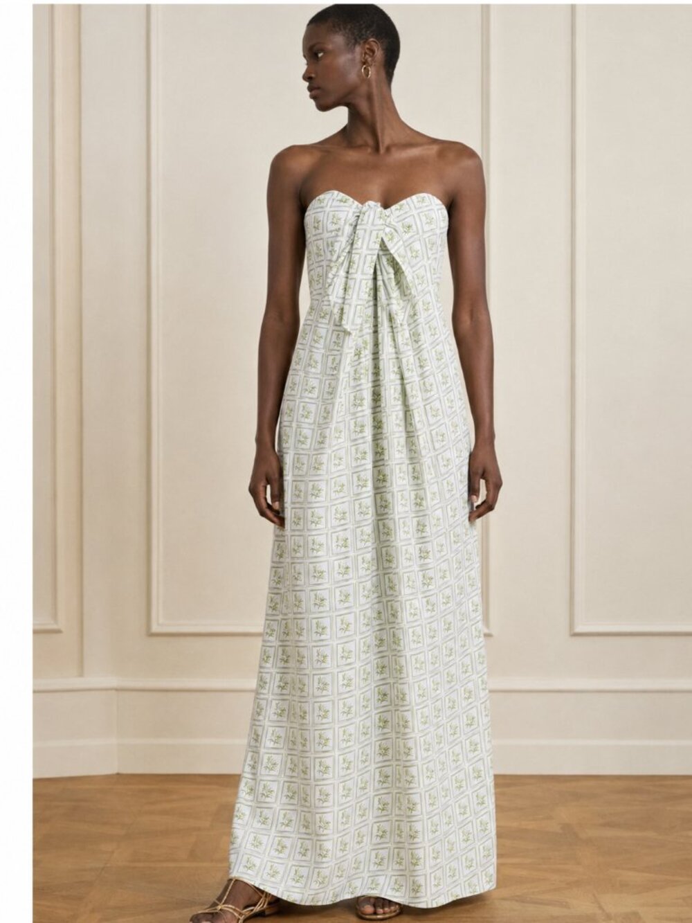 CAROLINE CONSTAS Kaia Strapless Printed Cotton-blend Poplin Palm Maxi Dress